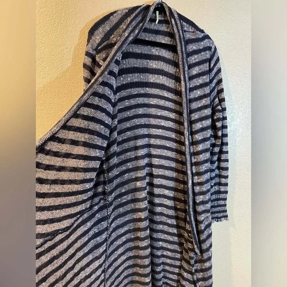 Free People Blue and Gray Striped Long Cardigan Sweater